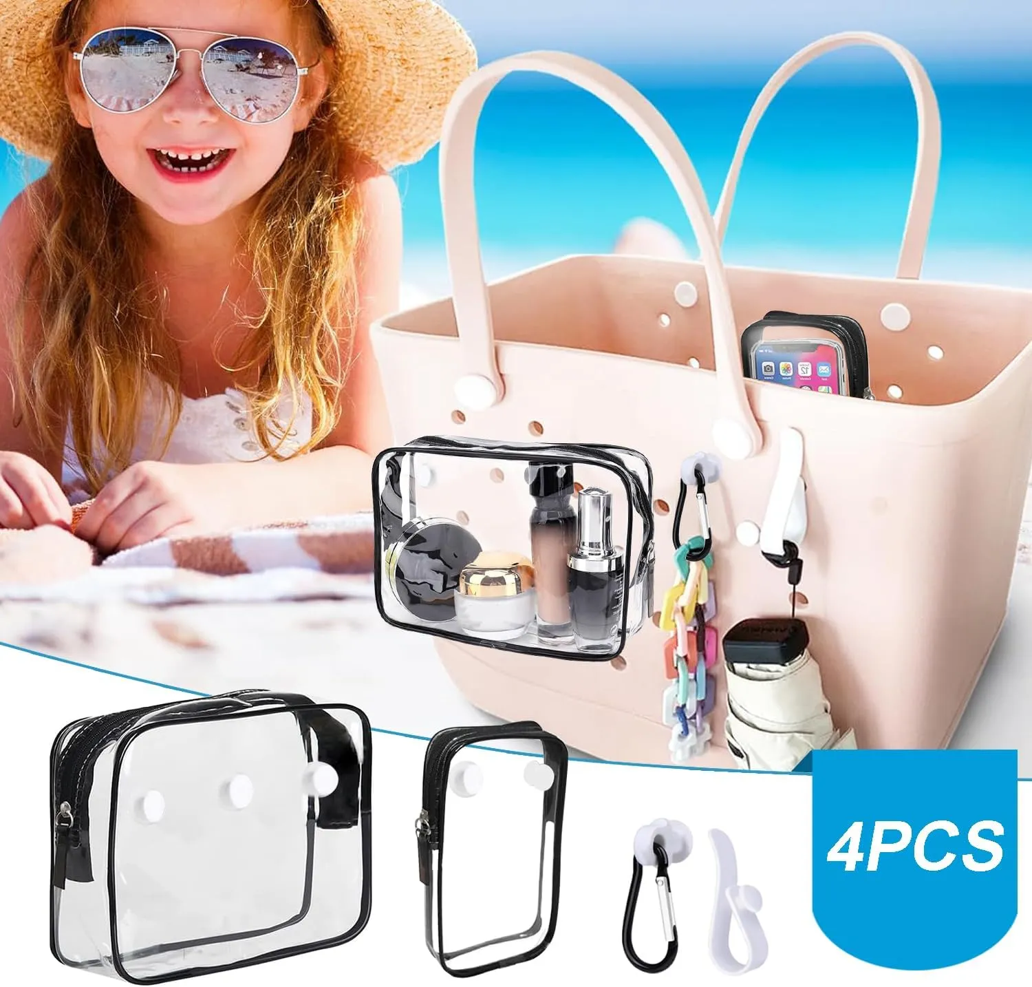3 Packs Clear Bogg Beach Tote Bag with 2 Pack Insert Hooks Accessories for Bogg Bags Travel Makeup Clean Toiletry Brush Organizer Cosmetic Divider Storage Inner Pouch