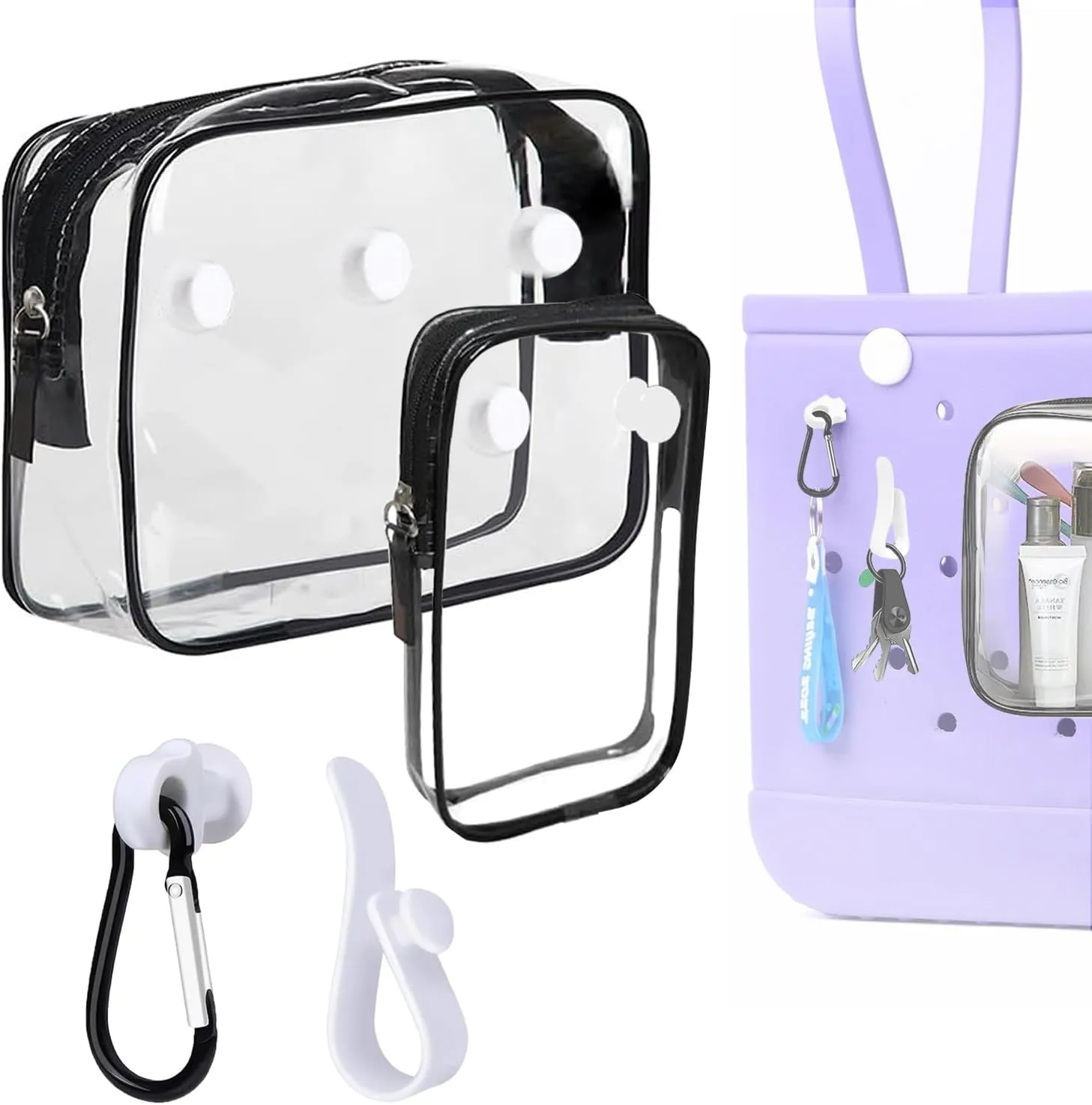 3 Packs Clear Bogg Beach Tote Bag with 2 Pack Insert Hooks Accessories for Bogg Bags Travel Makeup Clean Toiletry Brush Organizer Cosmetic Divider Storage Inner Pouch