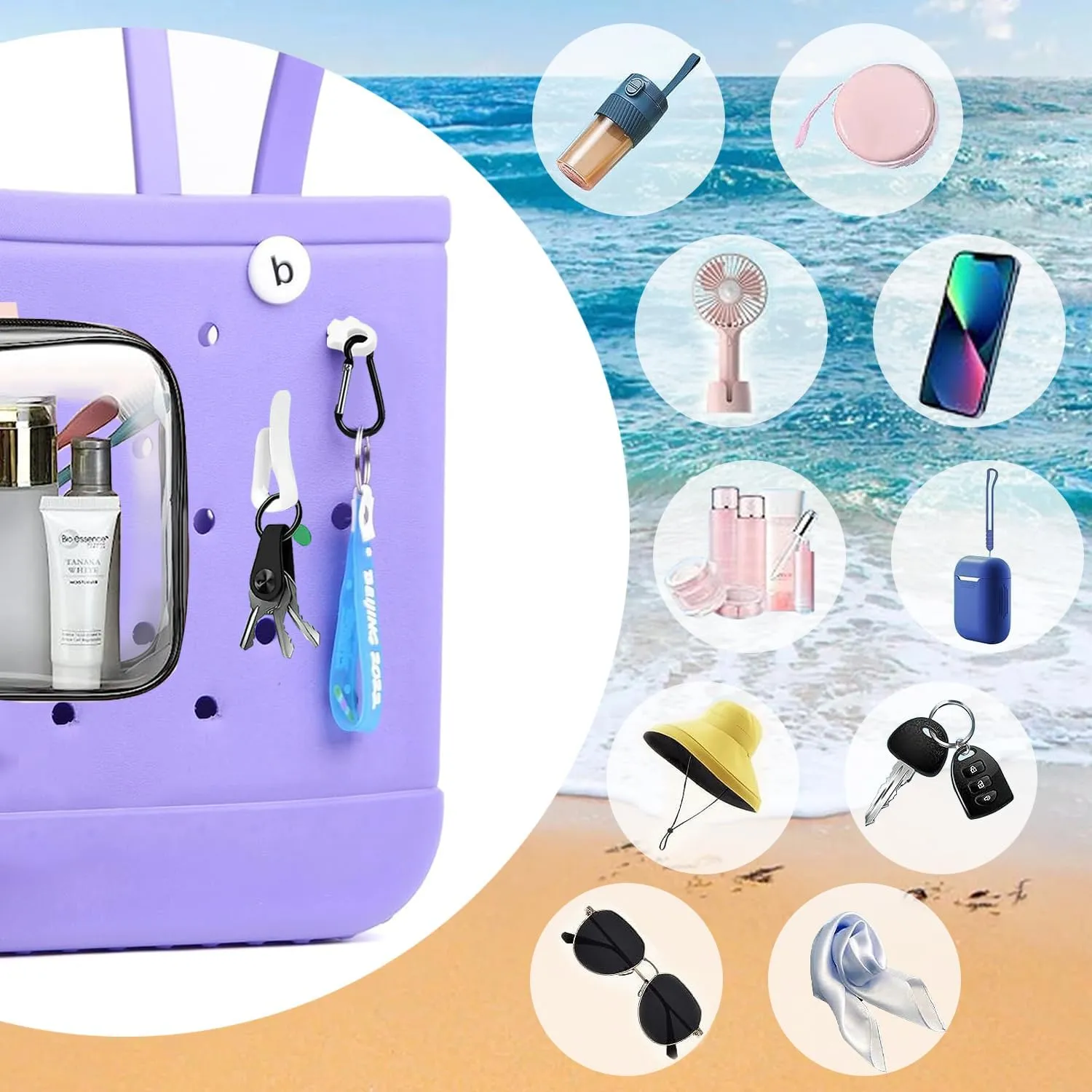 3 Packs Clear Bogg Beach Tote Bag with 2 Pack Insert Hooks Accessories for Bogg Bags Travel Makeup Clean Toiletry Brush Organizer Cosmetic Divider Storage Inner Pouch