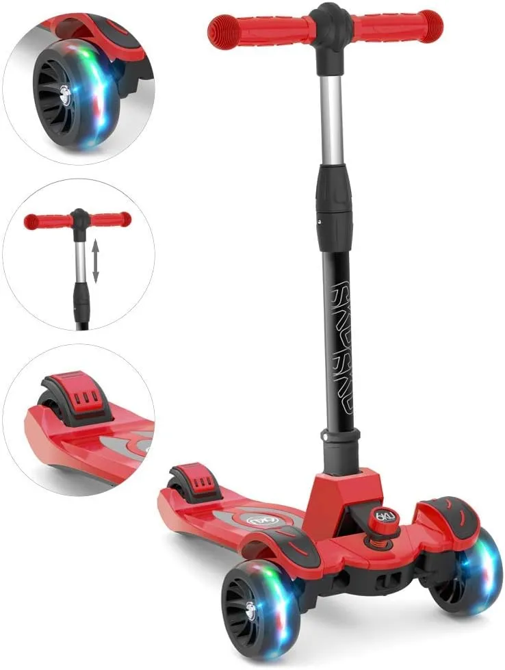 6KU Kids Scooter with Adjustable Height, Toddler Scooter with Widened Flash Wheels, Ages 3-8, Lean to Steer