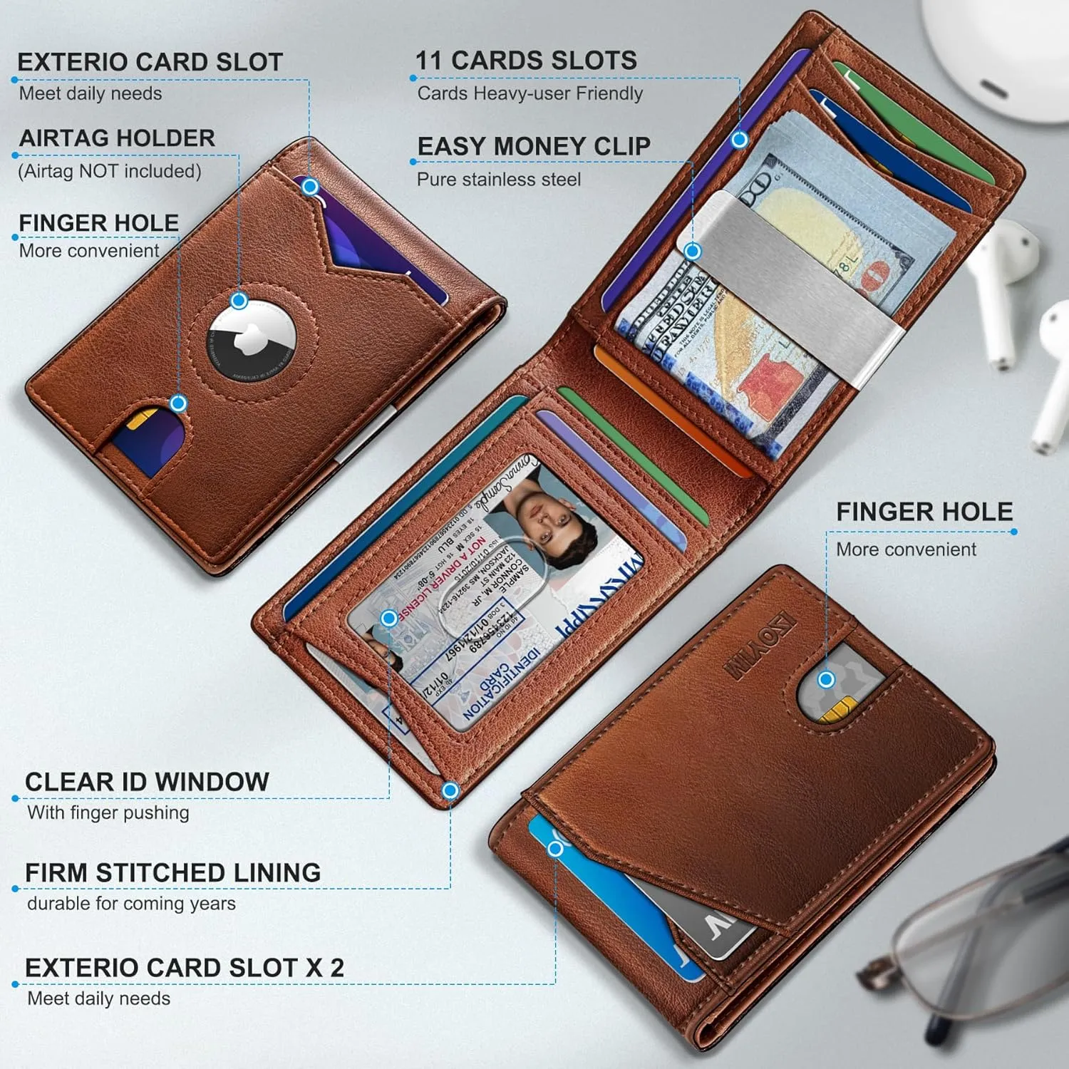 Airtag Wallet for Men,with Money Clip 11 Cards Slim Front Pocket Leather RFID Blocking Wallet with Gift Box