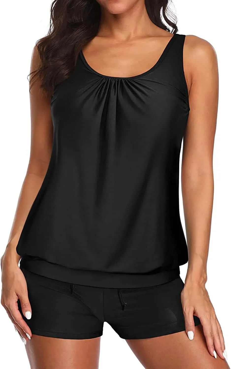 Aqua Eve Two Piece Women's Tankini Swimsuits Blouson Swim Tank Top with Shorts Modest Bathing Suits