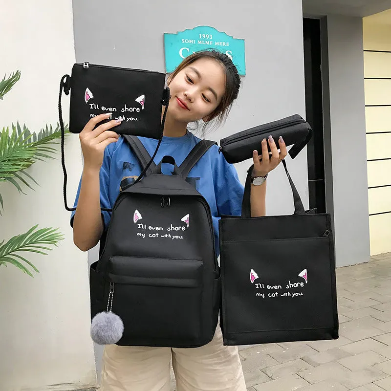 Backpack Fashion Trend Four-Piece Set Contrast Color Cat Ears   Student Schoolbag