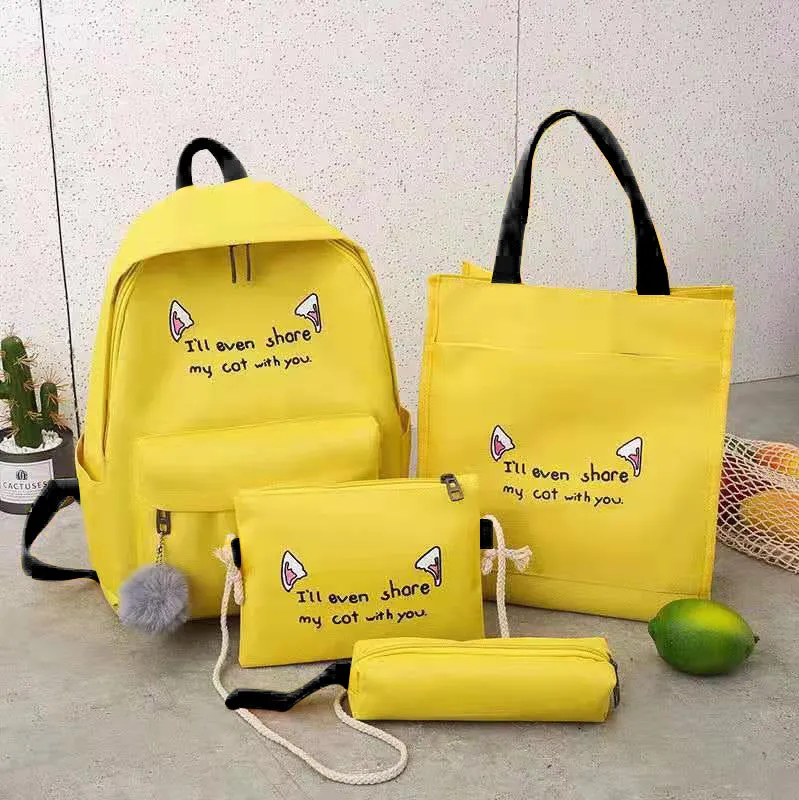 Backpack Fashion Trend Four-Piece Set Contrast Color Cat Ears   Student Schoolbag