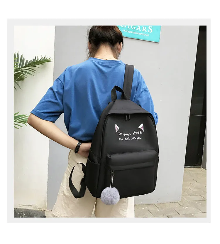 Backpack Fashion Trend Four-Piece Set Contrast Color Cat Ears   Student Schoolbag