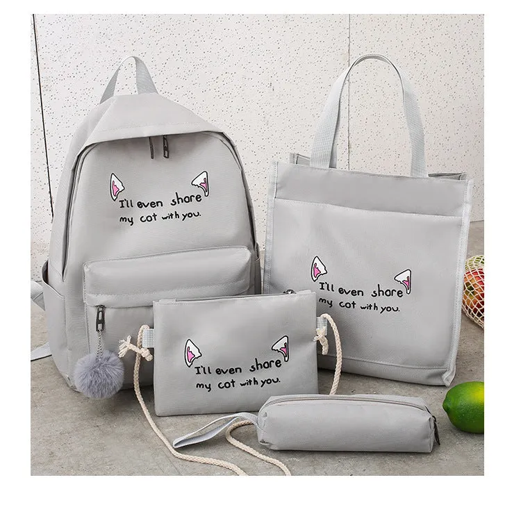 Backpack Fashion Trend Four-Piece Set Contrast Color Cat Ears   Student Schoolbag