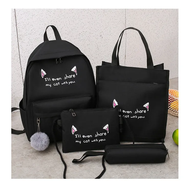 Backpack Fashion Trend Four-Piece Set Contrast Color Cat Ears   Student Schoolbag