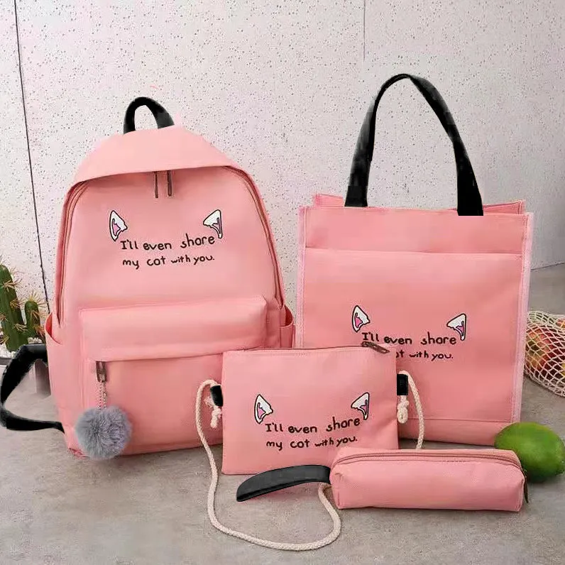 Backpack Fashion Trend Four-Piece Set Contrast Color Cat Ears   Student Schoolbag
