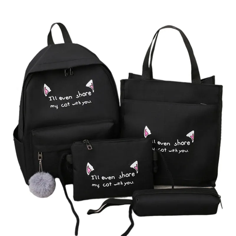 Backpack Fashion Trend Four-Piece Set Contrast Color Cat Ears   Student Schoolbag