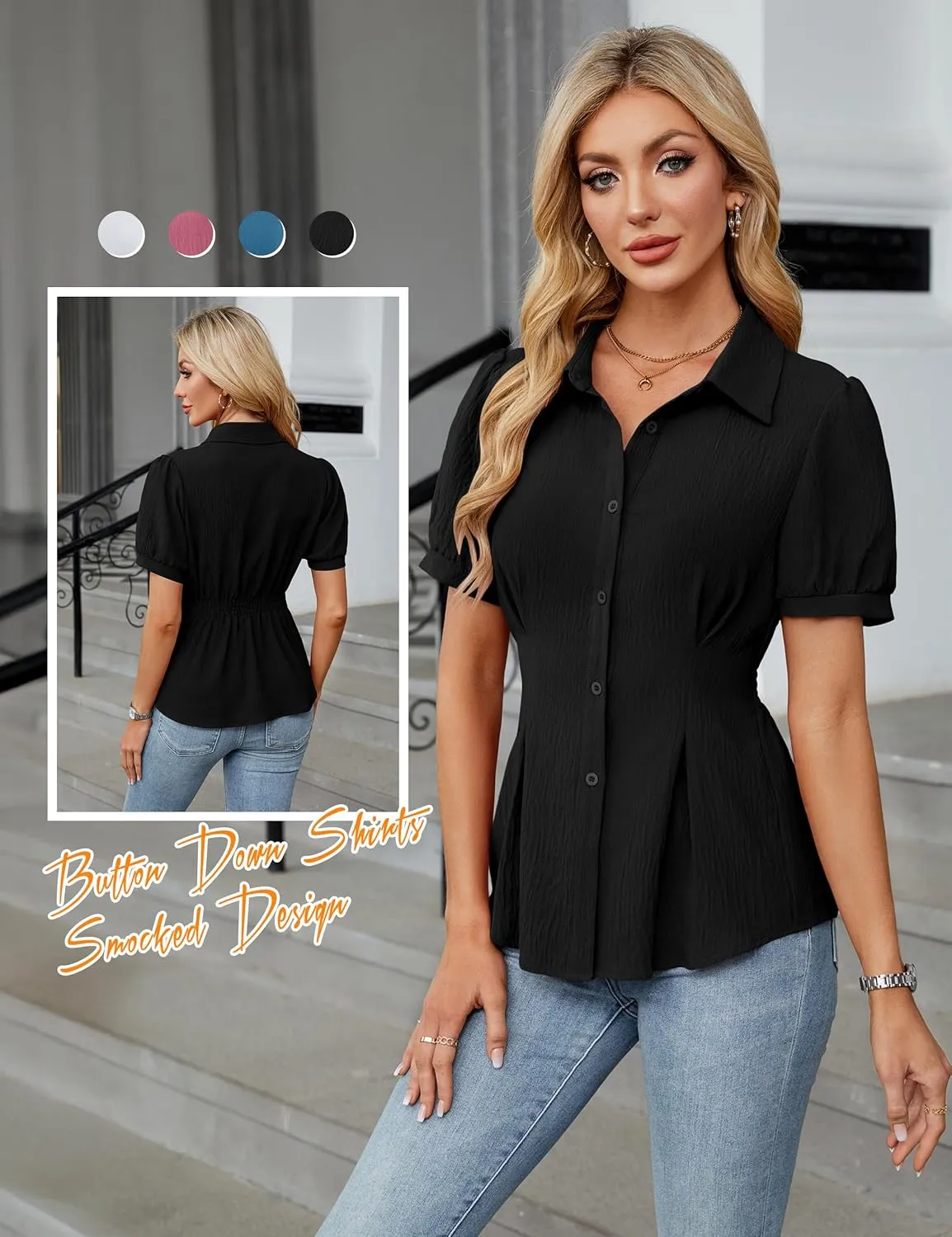 Blooming Jelly Womens Business Casual Tops Button Down Shirts Dressy Smocked Peplum Blouses Trendy Summer Outfits 2025