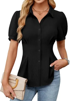 Blooming Jelly Womens Business Casual Tops Button Down Shirts Dressy Smocked Peplum Blouses Trendy Summer Outfits 2025