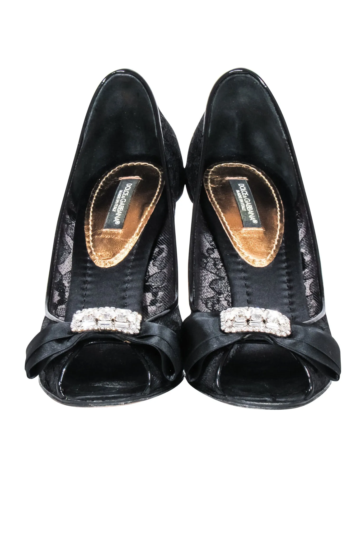 Dolce & Gabbana - Black Lace Open Peep Toe Pumps w/ Bow Detail 6.5