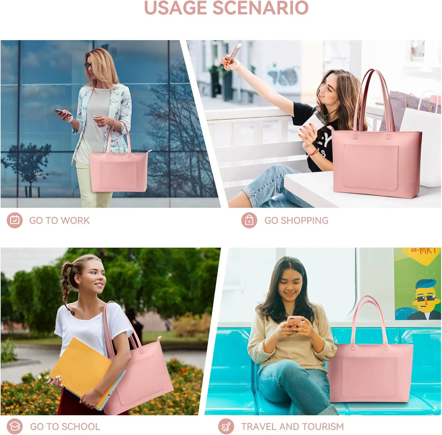 Fancy Forest Basic Tote Bag for Women Vegan Leather Hard - Stiff & Slim Shoulder Bag 18L Purse with Zipper for Work Travel