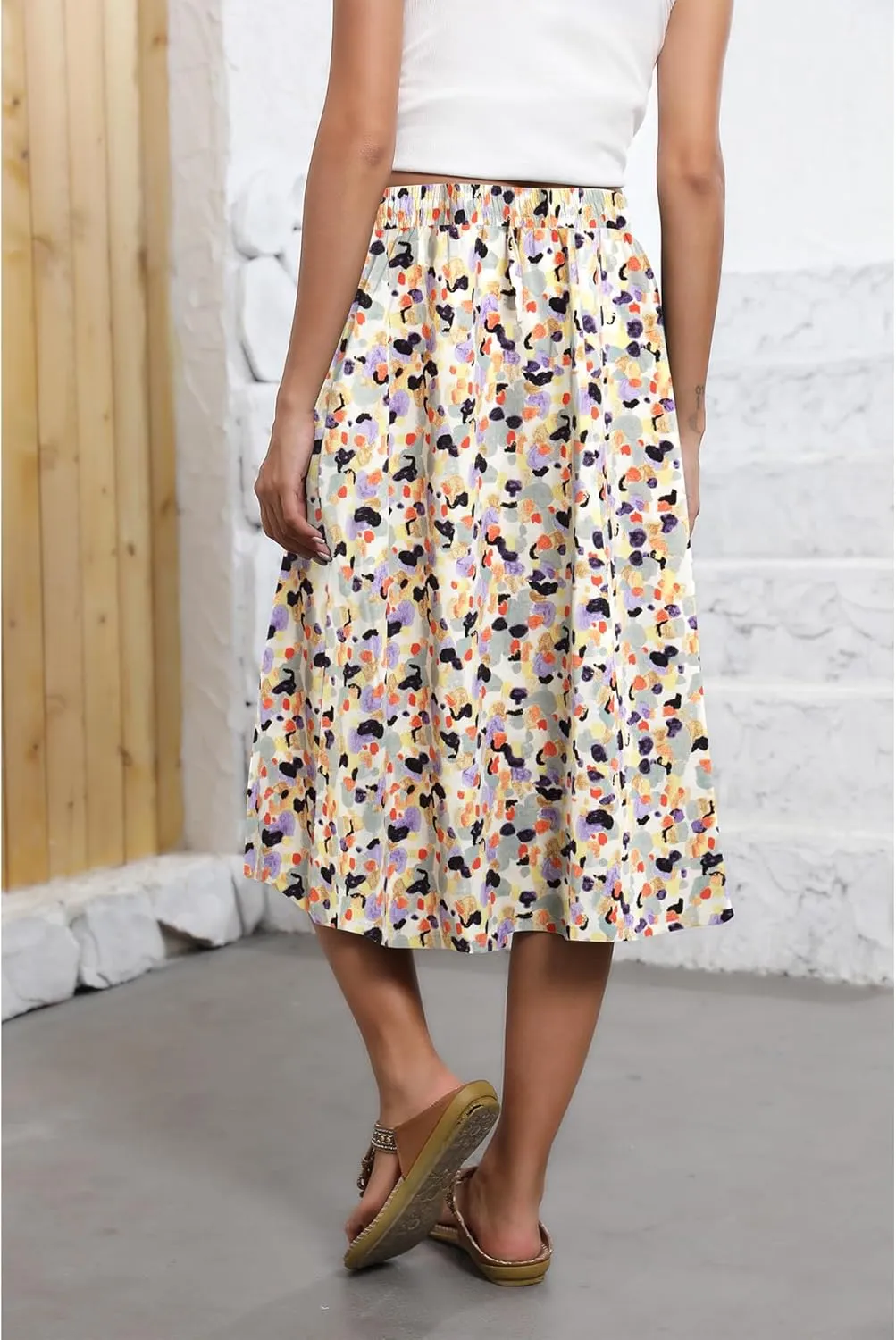 Flowy Skirt Midi Length Elastic High Waist A-Line Skirt with Pockets Boho for Women 2025 Trendy(S-2XL)