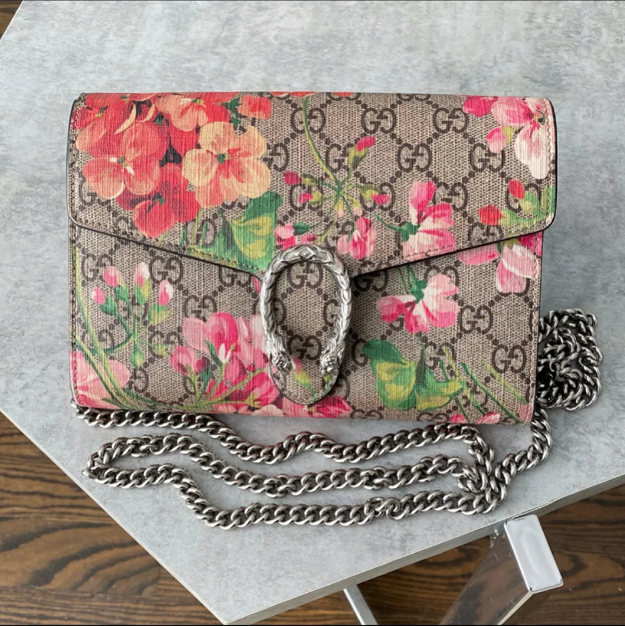 Gucci Blooms Dionysus Pink Floral Monogram Wallet on Chain Crossbody