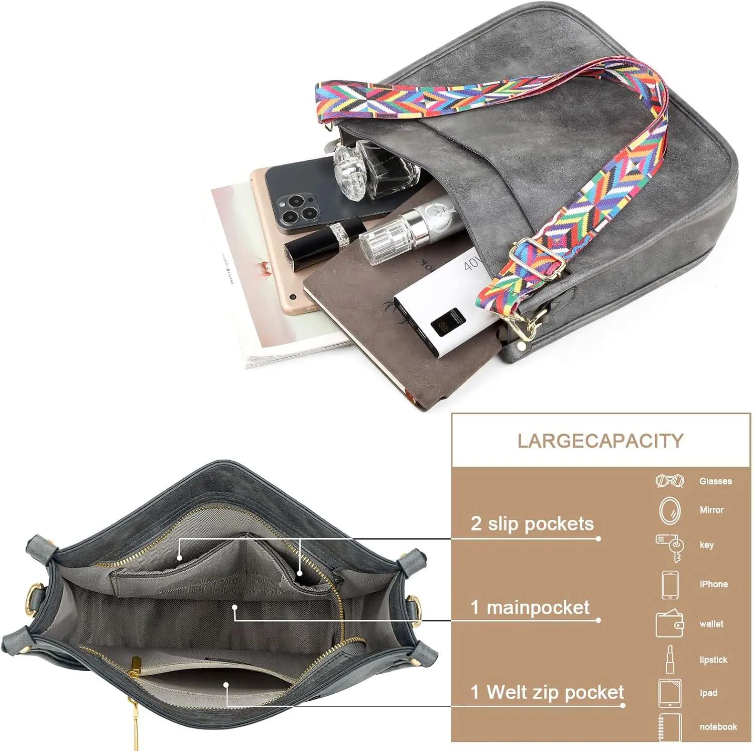 HKCLUF Crossbody Bags for Women Trendy Vegan Leather Hobo Handbags With 2PCS Adjustable Guitar Strap Shoulder Bucket Bags