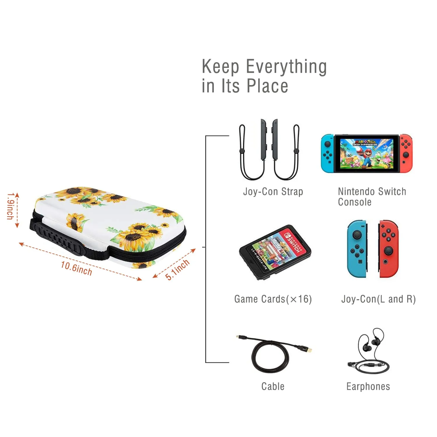 Lokigo Carry Case Compatible for Nintendo Switch/Switch OLED, Protective Travel Switch Carrying Case for Boys Girls with 16 Game Card Slots for Console & Accessories, Sunflower