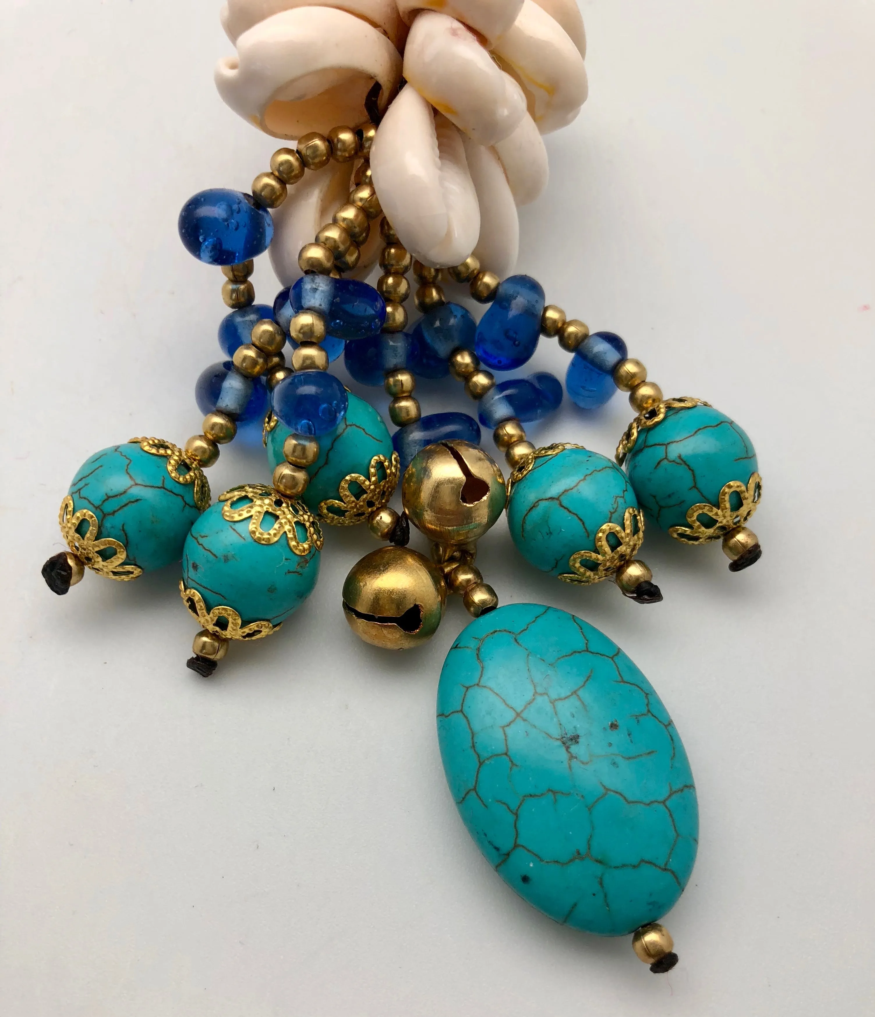 Lucky Turquoise Nugget Key Chain with Bells and Cowrie Shells