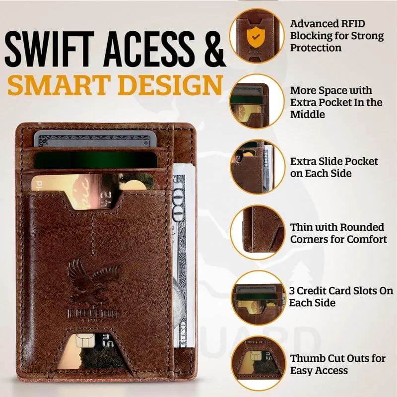 Mens RFID Blocking Leather Slim Card Case Wallet with Easy Access ID windows, Cash & Card Slots, Crafted with Premium Top Grain Leather Ideal for Travel or Everyday Use (Wilderness Eagle Brown)
