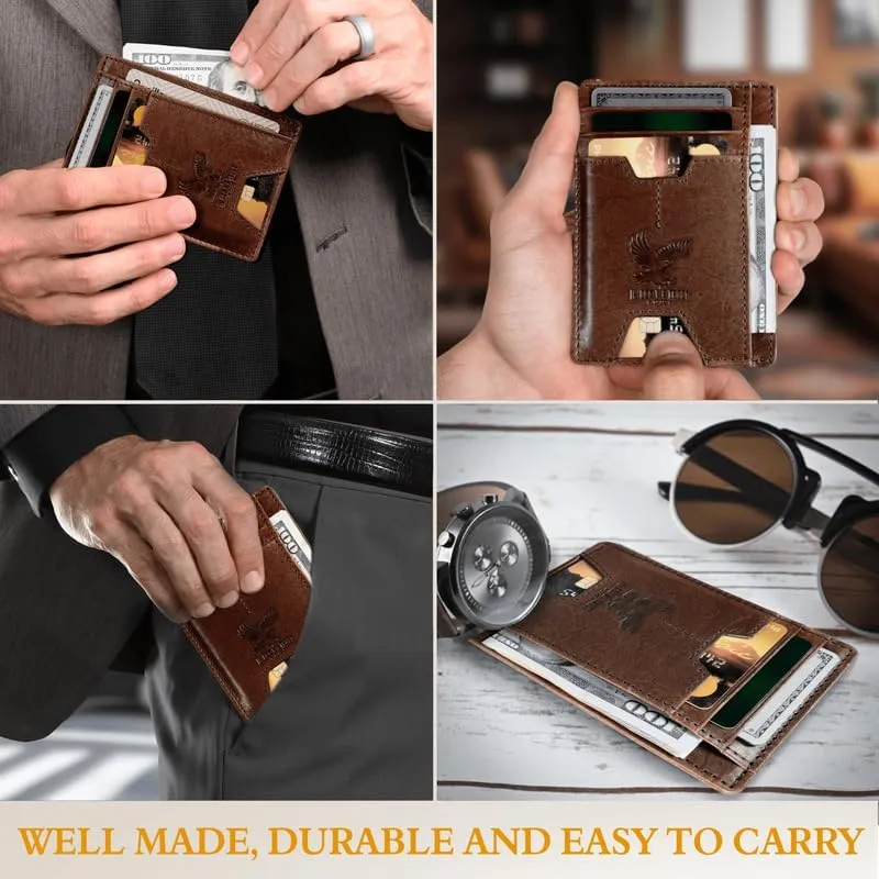 Mens RFID Blocking Leather Slim Card Case Wallet with Easy Access ID windows, Cash & Card Slots, Crafted with Premium Top Grain Leather Ideal for Travel or Everyday Use (Wilderness Eagle Brown)