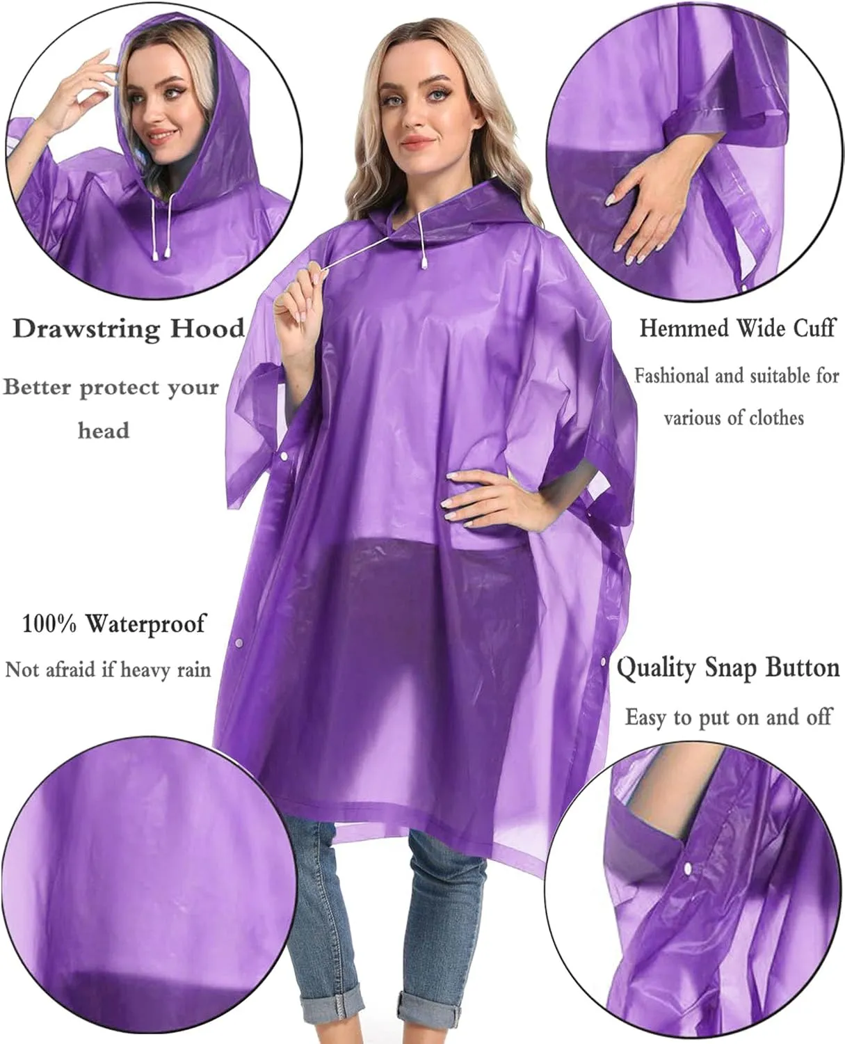 Reusable Rain Ponchos with Drawstring Hood for Adults, Waterproof Thicken Rain Coat, 2 Packs