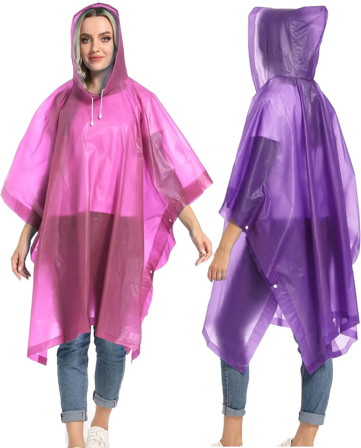 Reusable Rain Ponchos with Drawstring Hood for Adults, Waterproof Thicken Rain Coat, 2 Packs