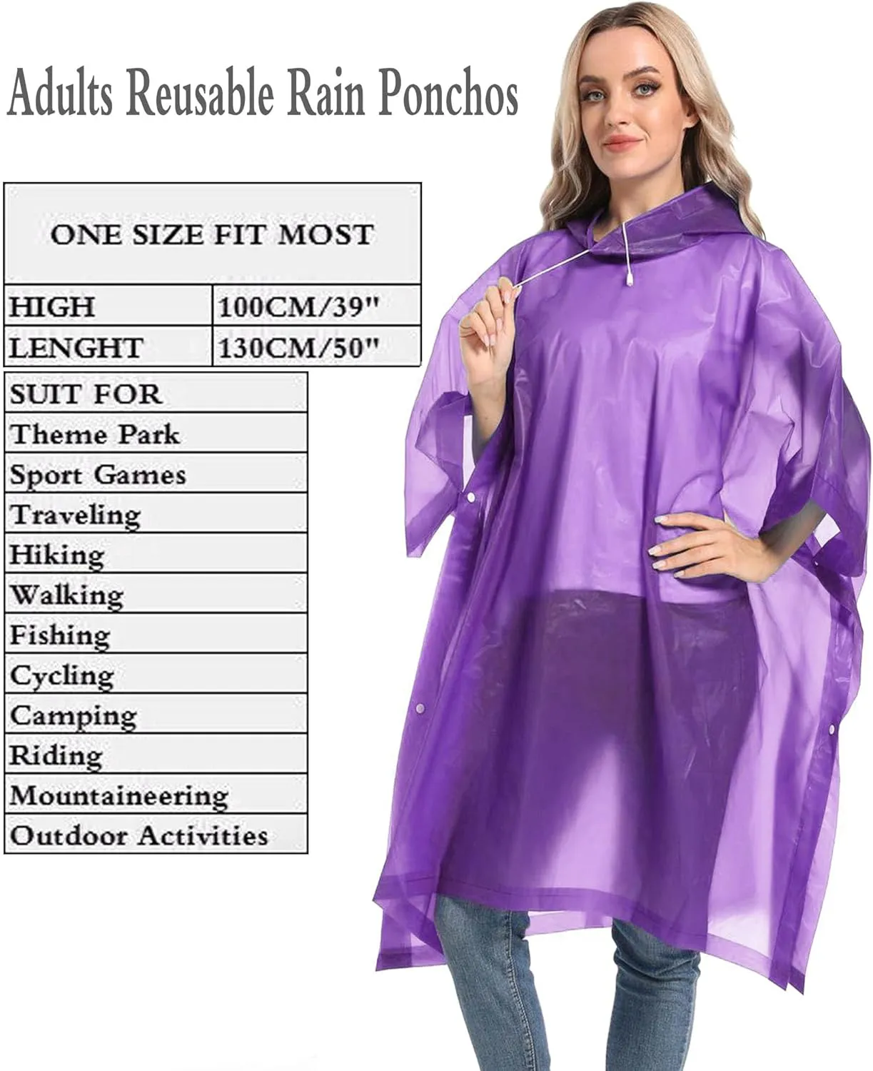 Reusable Rain Ponchos with Drawstring Hood for Adults, Waterproof Thicken Rain Coat, 2 Packs