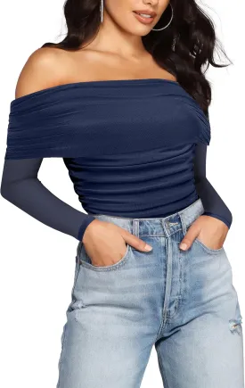 SAUNGKUAI Women's Off The Shoulder Long Sleeve Bodysuit Sexy Slimming Body Suit Tops Sheer Mesh Ruched Outfits
