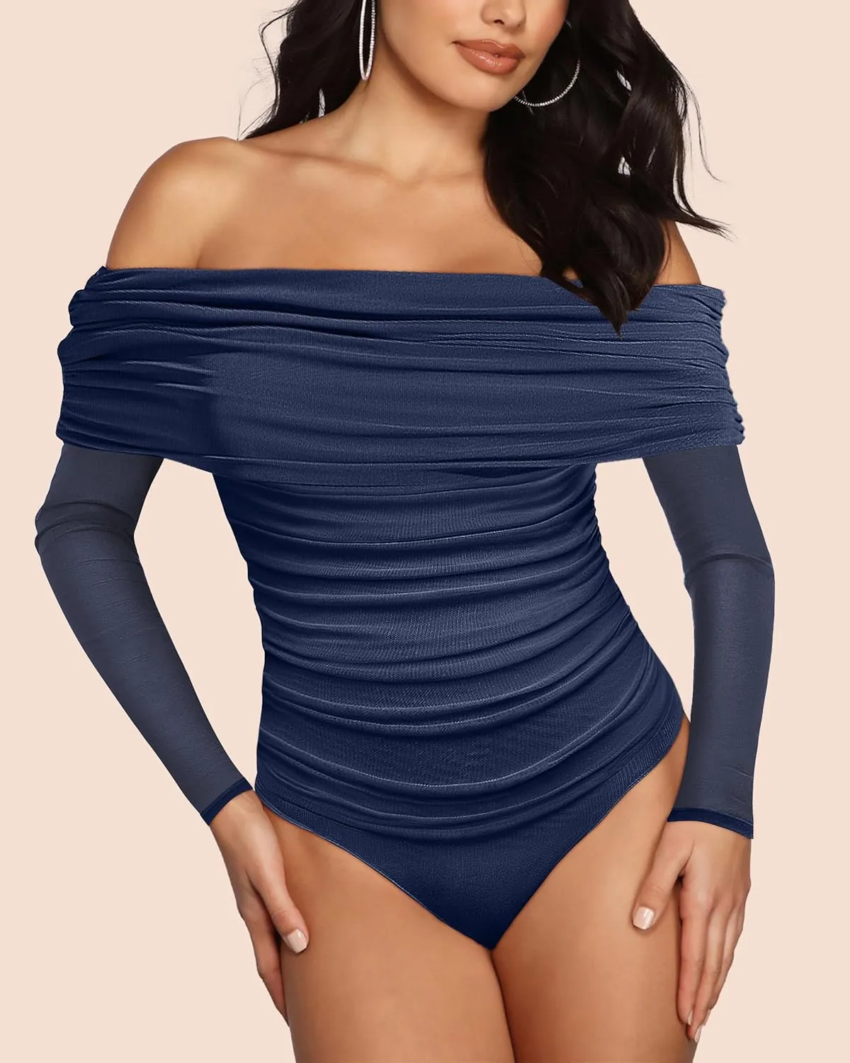 SAUNGKUAI Women's Off The Shoulder Long Sleeve Bodysuit Sexy Slimming Body Suit Tops Sheer Mesh Ruched Outfits