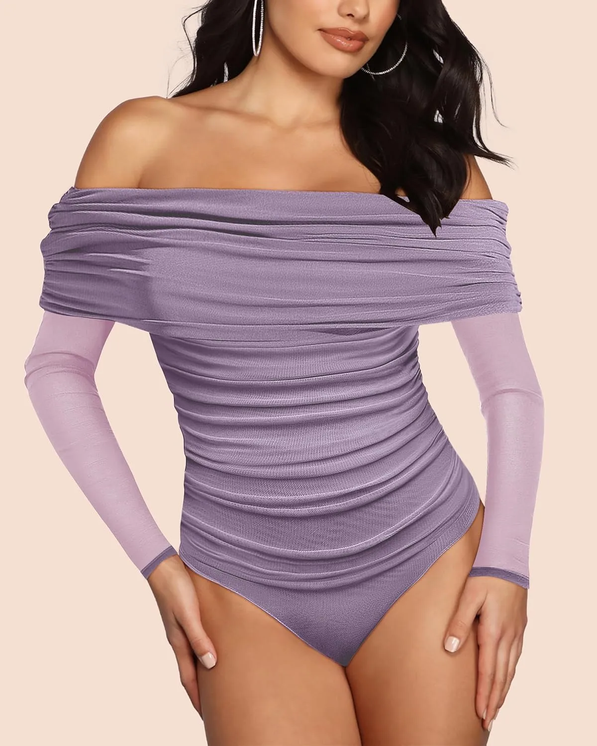 SAUNGKUAI Women's Off The Shoulder Long Sleeve Bodysuit Sexy Slimming Body Suit Tops Sheer Mesh Ruched Outfits