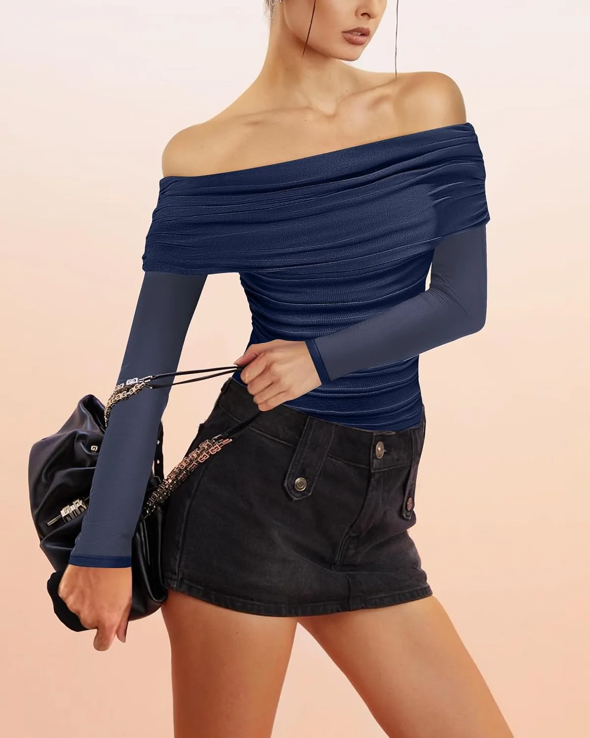 SAUNGKUAI Women's Off The Shoulder Long Sleeve Bodysuit Sexy Slimming Body Suit Tops Sheer Mesh Ruched Outfits
