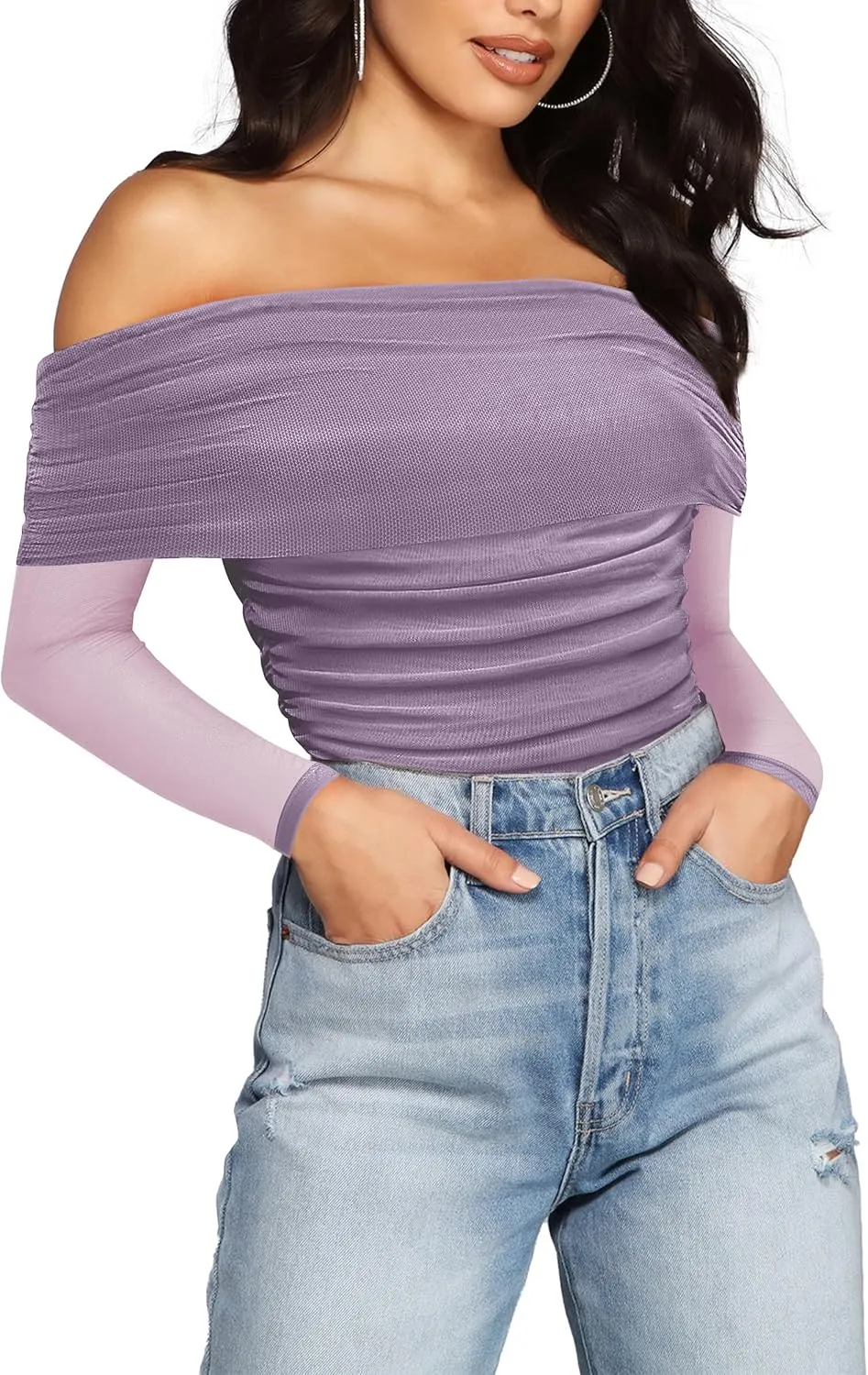 SAUNGKUAI Women's Off The Shoulder Long Sleeve Bodysuit Sexy Slimming Body Suit Tops Sheer Mesh Ruched Outfits