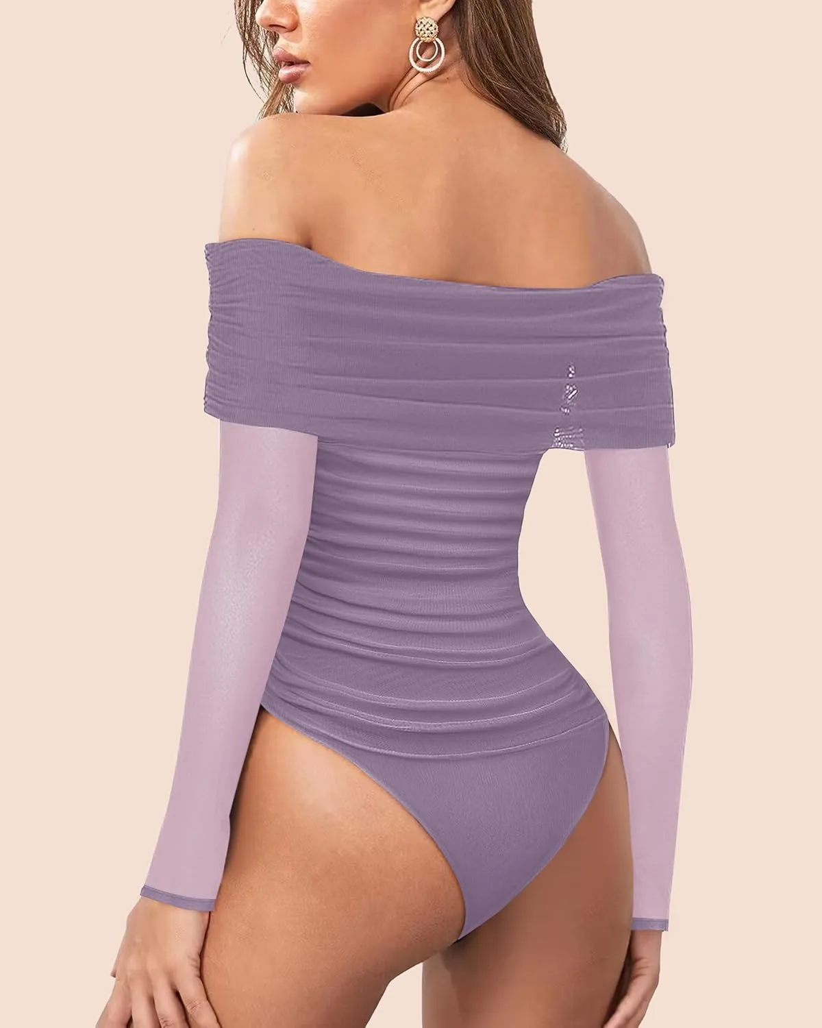 SAUNGKUAI Women's Off The Shoulder Long Sleeve Bodysuit Sexy Slimming Body Suit Tops Sheer Mesh Ruched Outfits