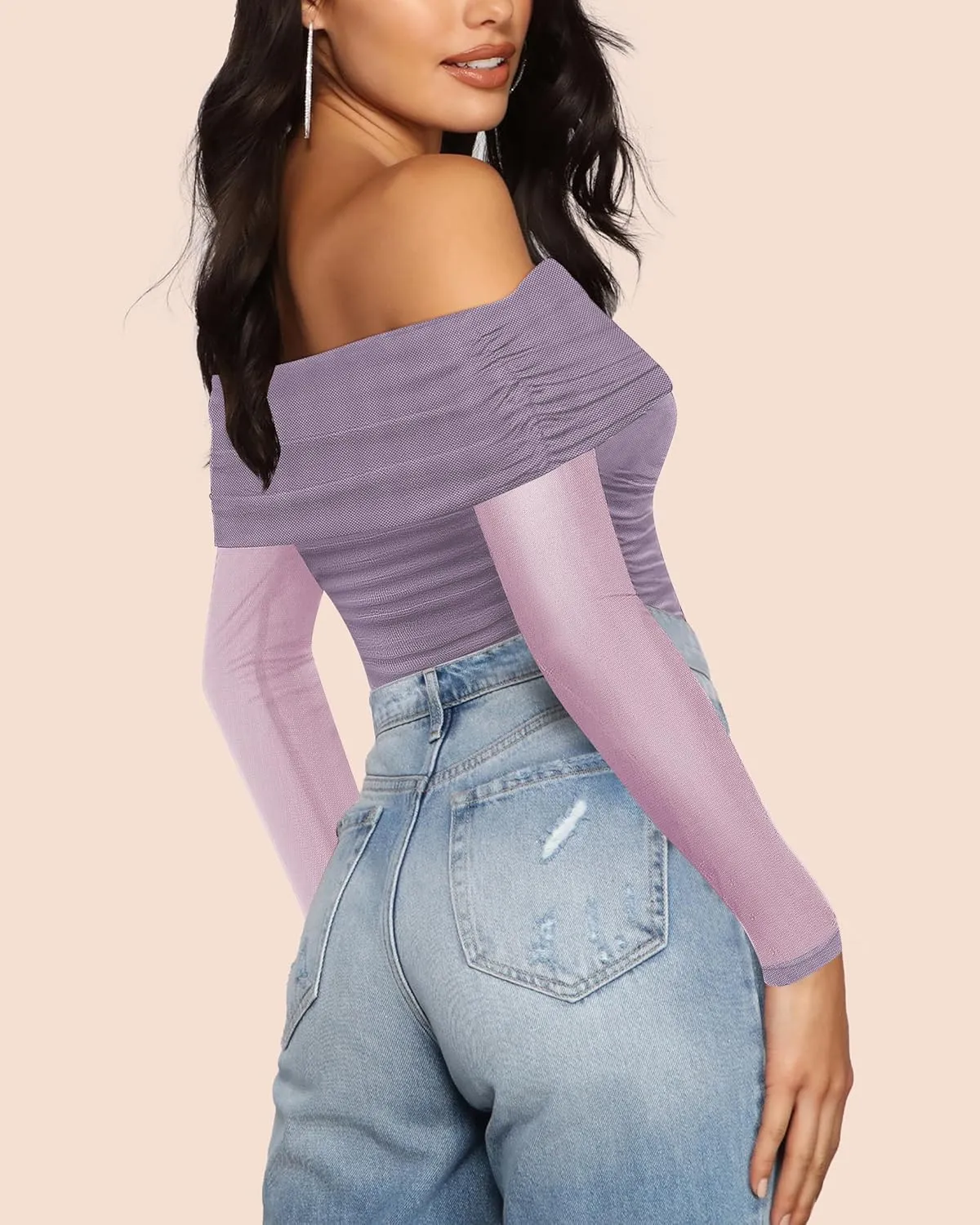 SAUNGKUAI Women's Off The Shoulder Long Sleeve Bodysuit Sexy Slimming Body Suit Tops Sheer Mesh Ruched Outfits