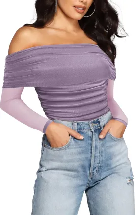SAUNGKUAI Women's Off The Shoulder Long Sleeve Bodysuit Sexy Slimming Body Suit Tops Sheer Mesh Ruched Outfits