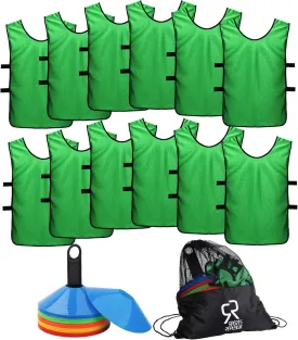 Soccer Cones (Set of 50) and Sports Jerseys Pinnies (12-Pack) - Perfect Disc Cones for Basketball Drills, Complete Soccer Training Equipment