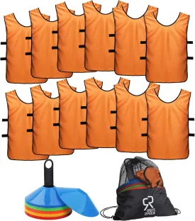Soccer Cones (Set of 50) and Sports Jerseys Pinnies (12-Pack) - Perfect Disc Cones for Basketball Drills, Complete Soccer Training Equipment