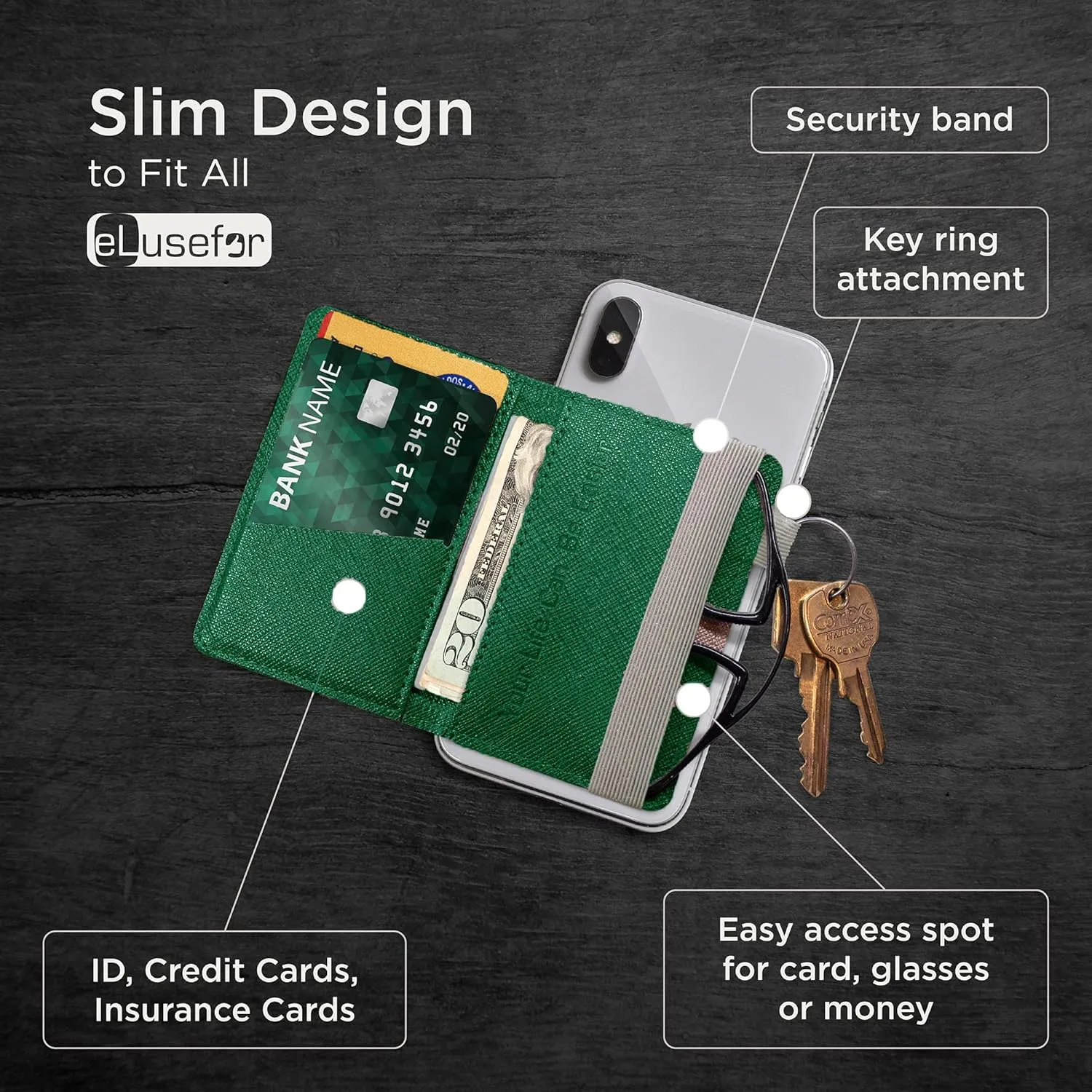 Stick-On Phone Wallet for Back of iPhone or Android Case | 6 Sleeve Credit Card Holder - Pocket for Cards, Money & ID - Built-in Stand - Waterproof Material - Travel, Work & Life-Proof - Green