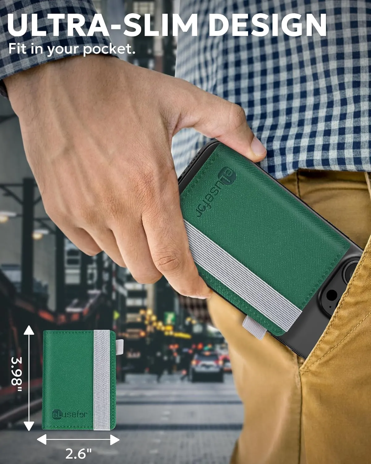 Stick-On Phone Wallet for Back of iPhone or Android Case | 6 Sleeve Credit Card Holder - Pocket for Cards, Money & ID - Built-in Stand - Waterproof Material - Travel, Work & Life-Proof - Green
