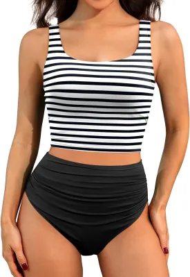 Tempt Me Women Two Piece Tankini Swimsuits - Crop Swim Top with High Waisted Bottom Tummy Control Bathing Suits Swimwear