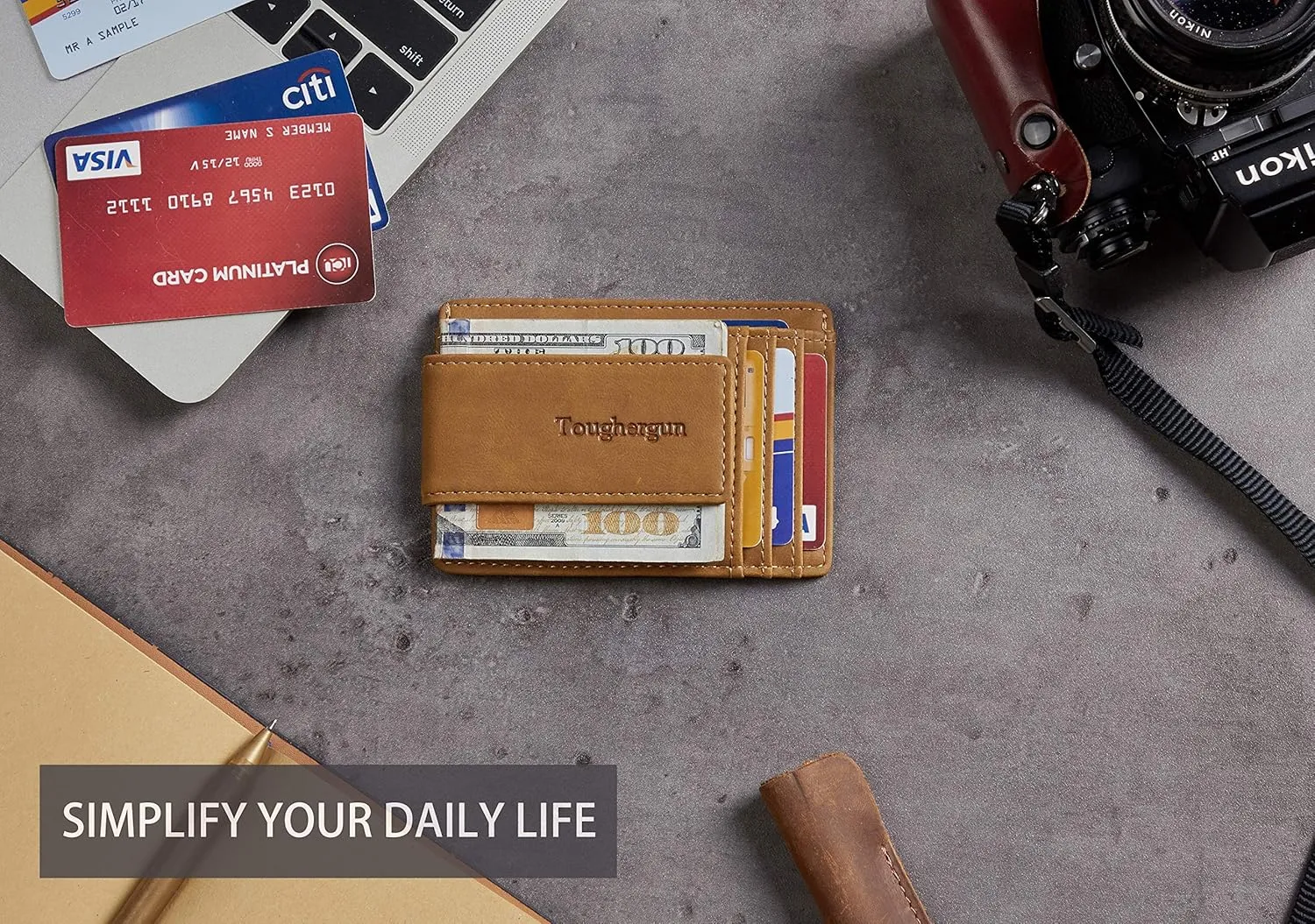 Toughergun Slim Minimalist Wallet for Men with Magnetic Money Clip Leather Wallet, Credit Card Holder RFID Blocking Front Pocket Holds Cash and Cards