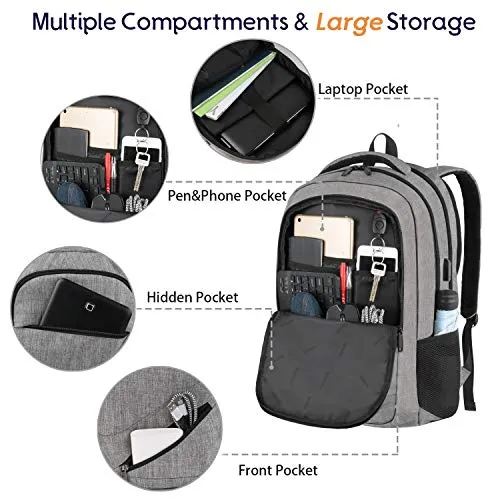 Travel Laptop Backpack,TSA Large Travel Backpack for Women Men, 17 Inch Business Flight Approved Carry On Backpack with USB Charger Port and Luggage Sleeve, MATEIN Durable College School Bookbag,Grey