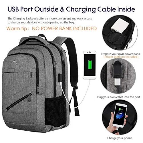 Travel Laptop Backpack,TSA Large Travel Backpack for Women Men, 17 Inch Business Flight Approved Carry On Backpack with USB Charger Port and Luggage Sleeve, MATEIN Durable College School Bookbag,Grey